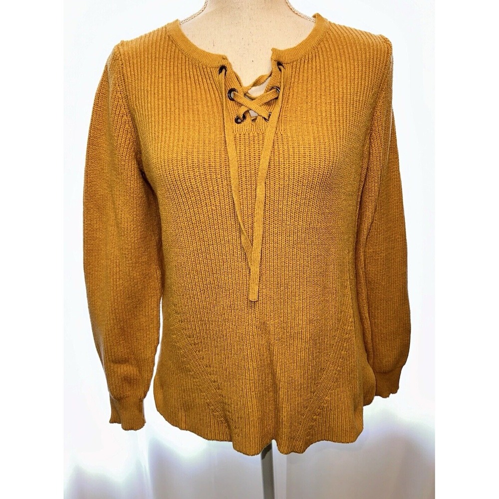 Old Navy Sweater Size Small Pullover Mustard Yellow Lace Tie Neck Long Sleeve